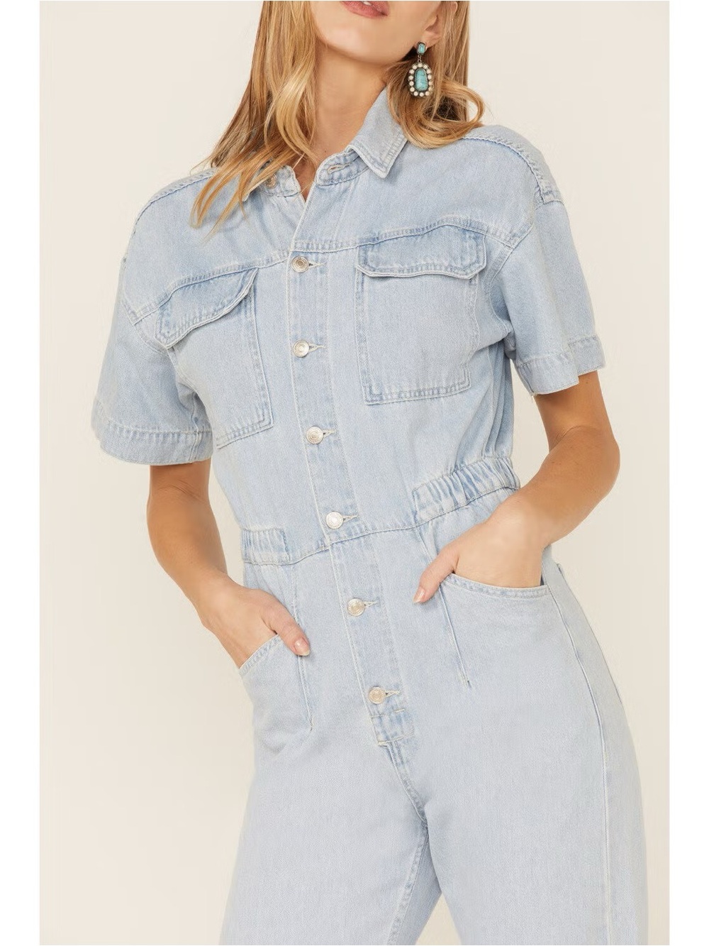 Free People Light Blue Denim Straight-Leg Jumpsuit - Picture 3 of 7
